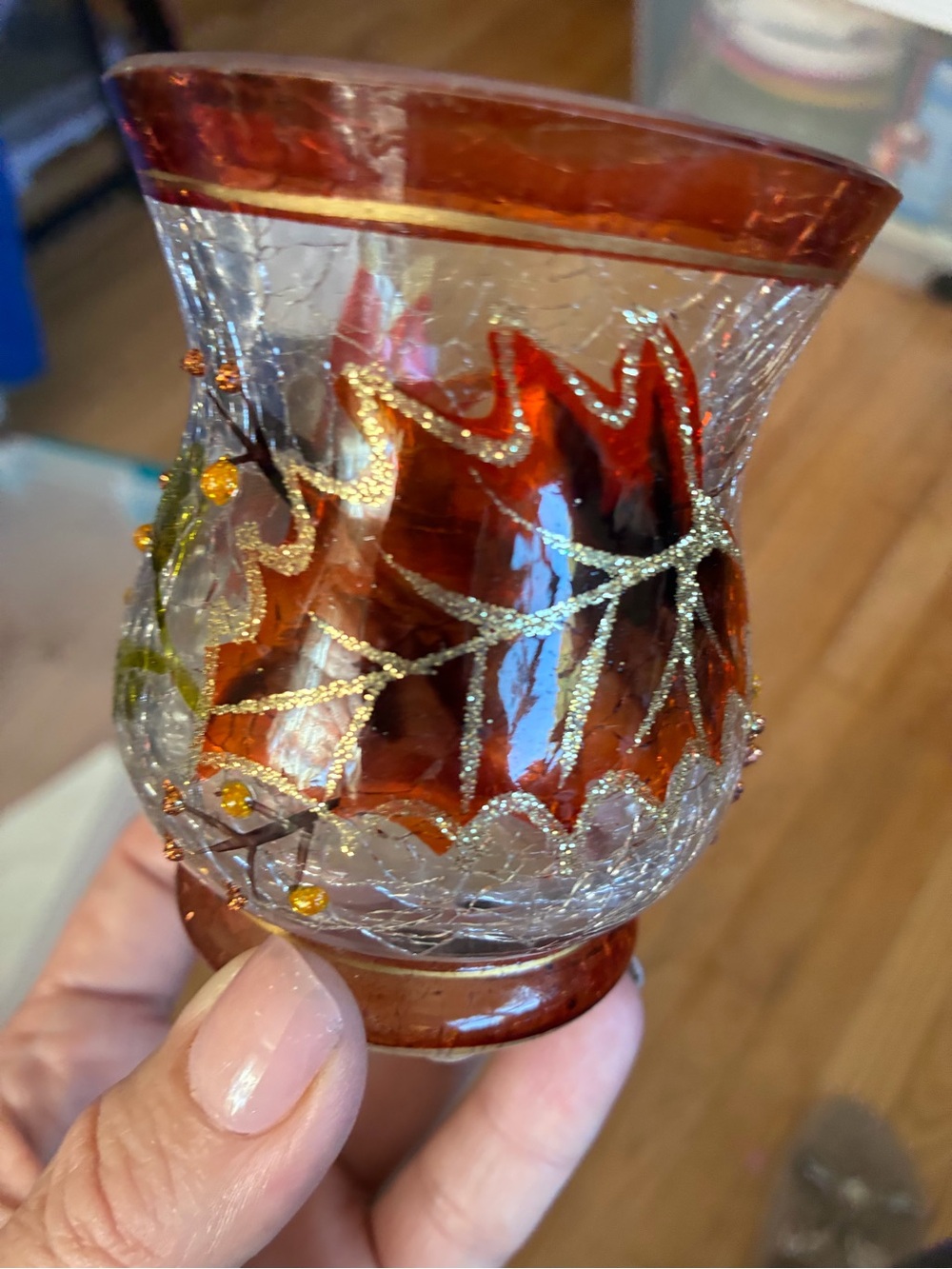 Hand-Painted Autumn Leaf Glass Votive - Orange and Gold